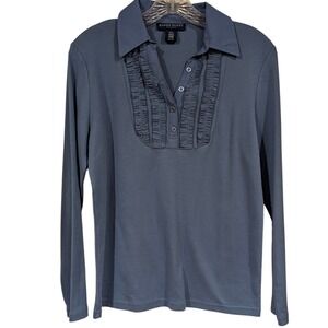 Karen Scott Petites Lapis Mist Blue Ruffle Bib Long Sleeve Cotton Top P/M NEW